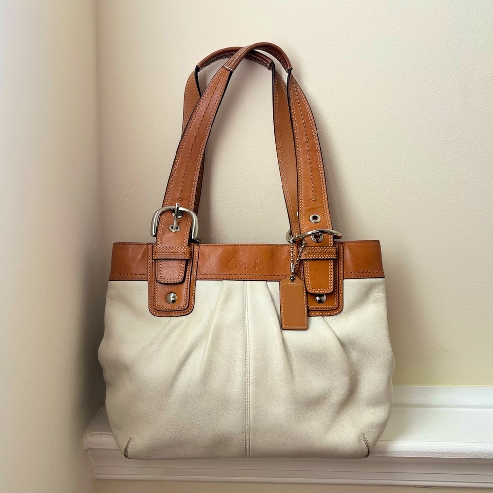 Coach Off-White and Tan Leather Double Strap Satchel Bag - Picture 11 of 11